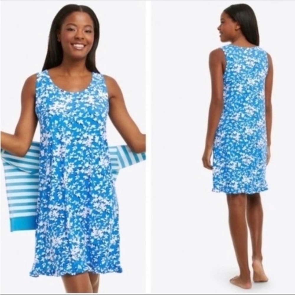 DRAPER JAMES REESE WITHERSPOON BLUE WHITE FLORAL SOFT RUFFLE HEM PULLON DRESS SM